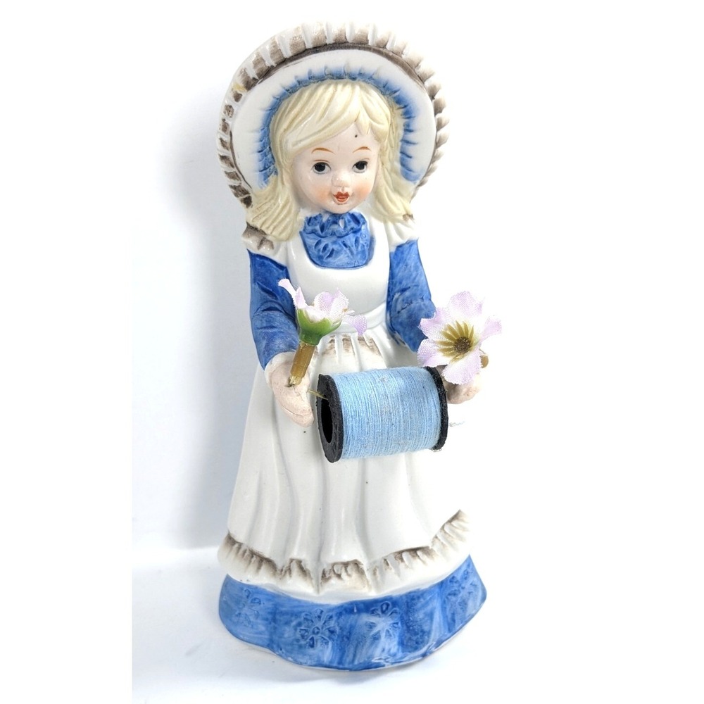 Vintage Price Products Porcelain Girl Figurine Blue Dress Spool of Thread 6.25"